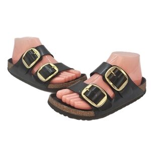 Birkenstock Arizona Big Buckle Sandals High-Shine Black Leather Gold Buckles